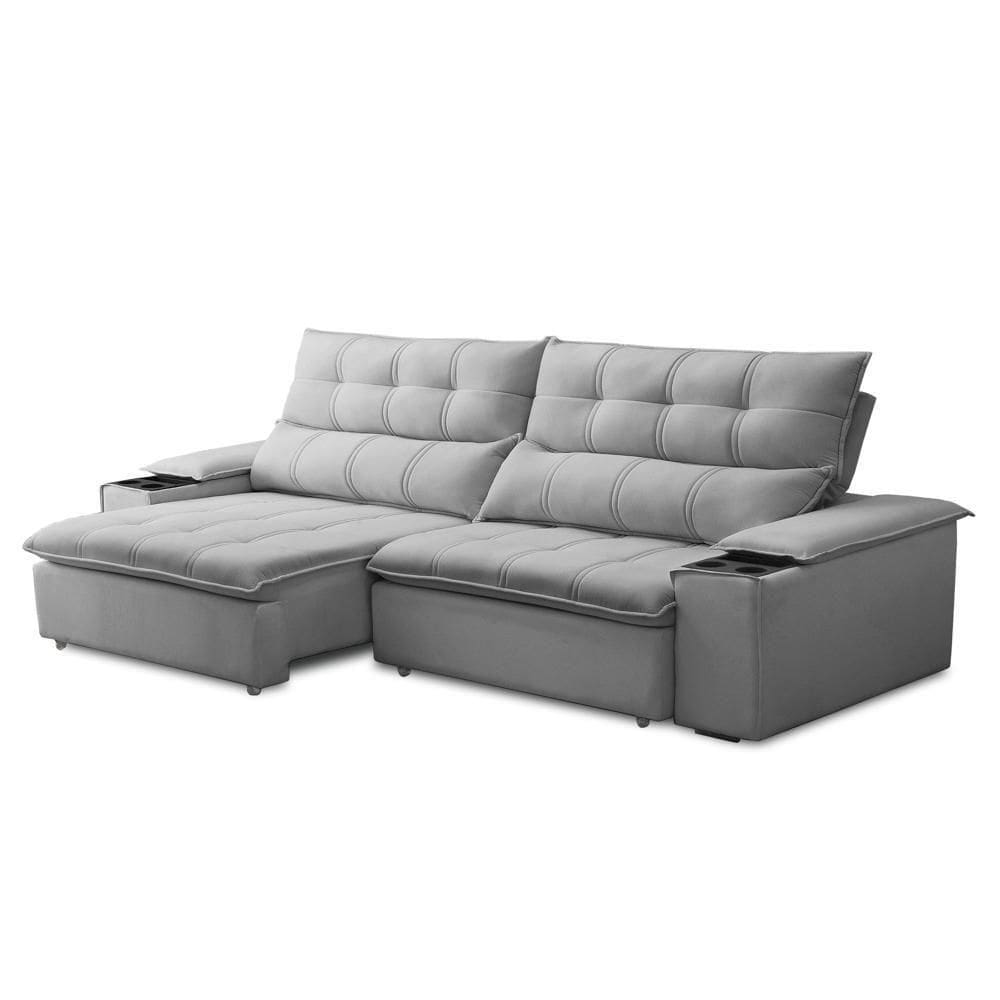 Sofá Retrátil 3 Lugares Com Porta Copo 230cm Malta F05 Veludo Cinza - Mpozenato