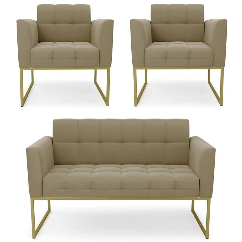 Sofá Namoradeira E 2 Poltronas Base Industrial Dourado Ana Suede Marrom Rt - Ibiza
