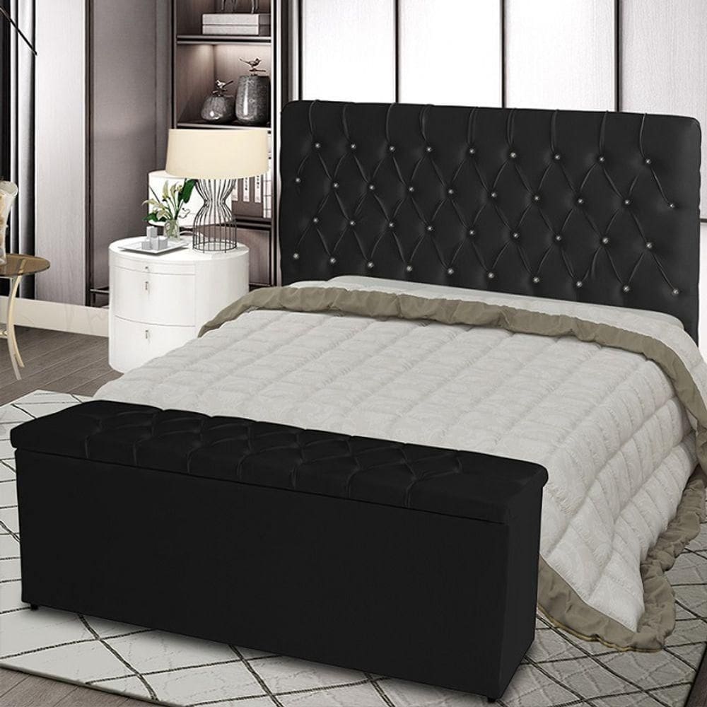 Kit Cabeceira De Cama Box E Calçadeira Baú Paris King 195 Cm 195 X126 Capitonê Courino Preto Eli Móveis