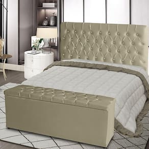 Kit Cabeceira De Cama Box E Calçadeira Baú Paris Casal 140 Cm 140 X 126 Capitonê Courino Bege Eli Móveis