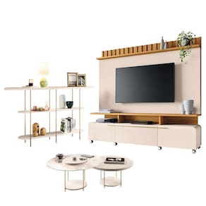 Estante Home Theater Artís Off White Cinamomo e Aparador Infinity e Kit Mesa de centro Sky Off White - HB Móveis