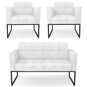 Sofá Namoradeira E 2 Poltronas Base Industrial Preto Ana Sintético Pu Branco - Ibiza