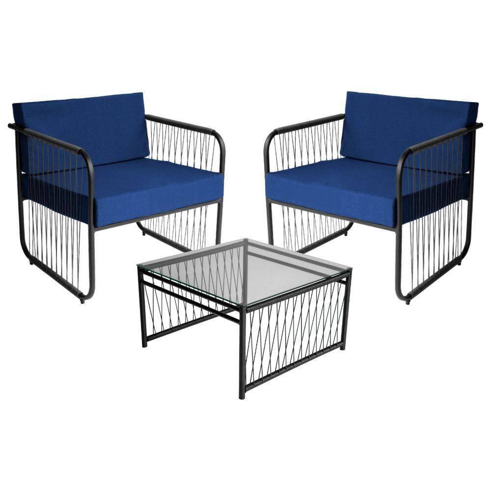 Conjunto 2 Poltronas E Mesa Centro Fibra Sintética Córdova Preto-azul