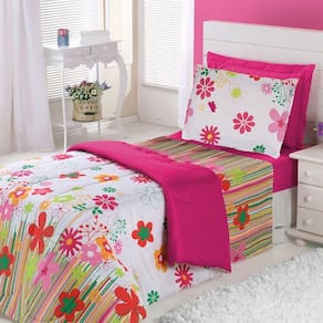 Kit Coordenado Edredom Com Lençol Solteiro Alegria Pink 100% Poliéster