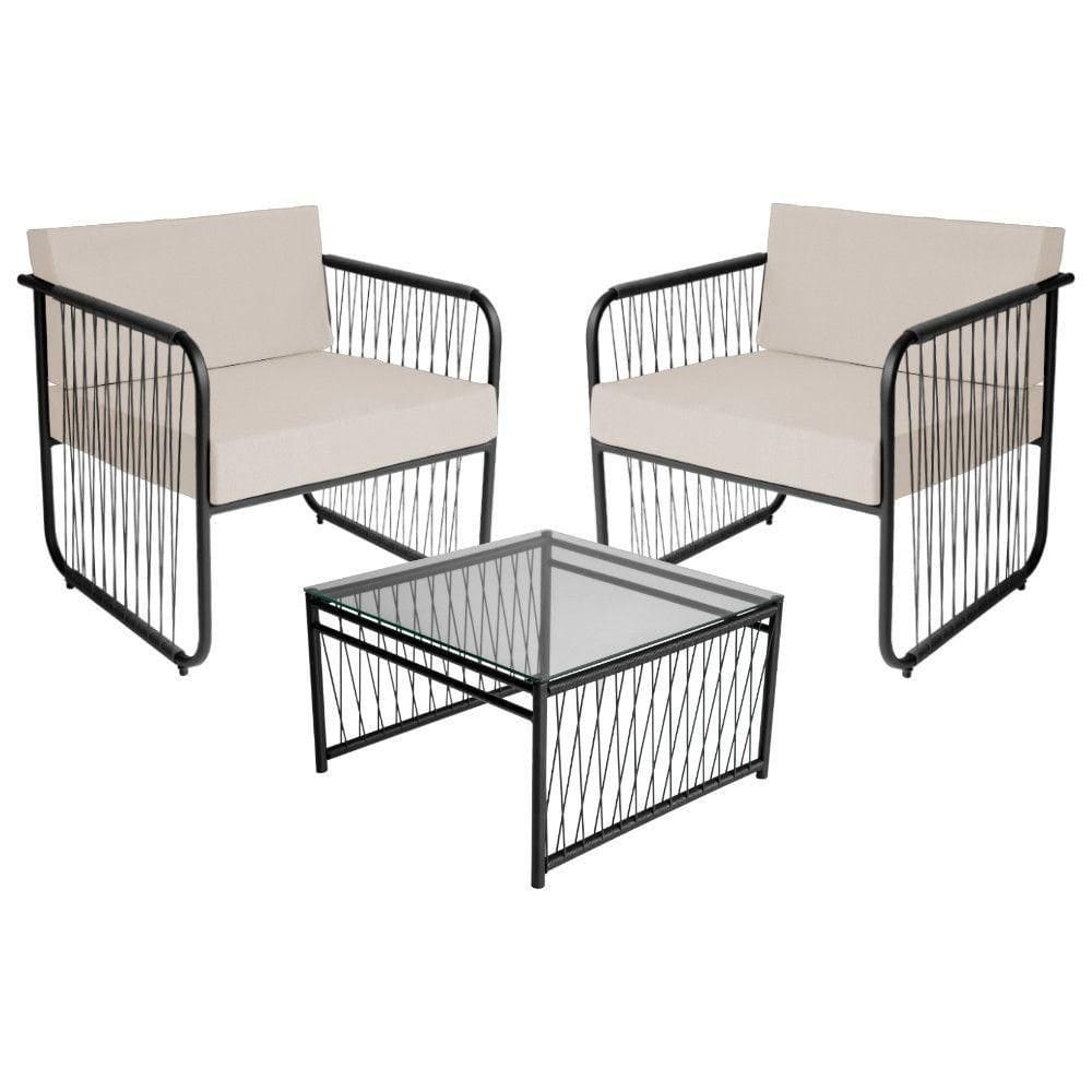Conjunto 2 Poltronas E Mesa Centro Fibra Sintética Córdova Preto-branco