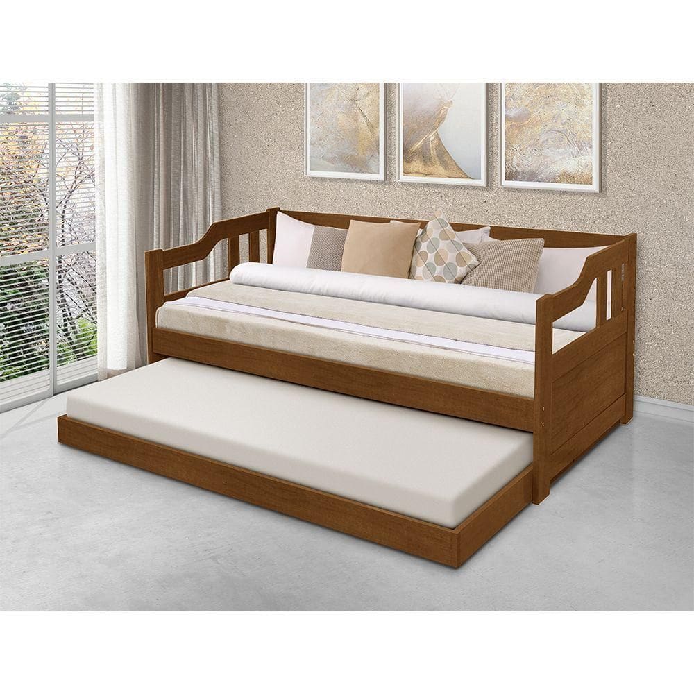 Sofá Cama Solteiro Vintage Com Cama Auxiliar Madeira Com 2 Colchões - Castanho - Marrom