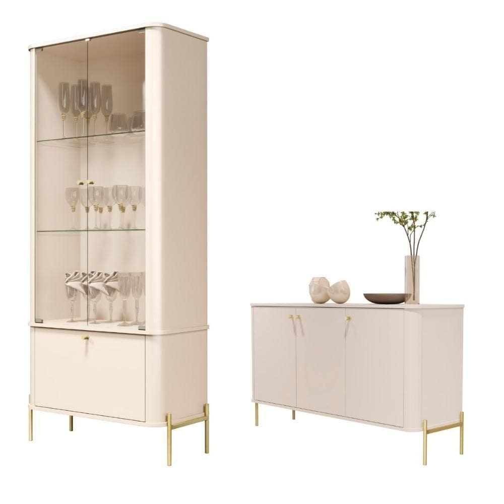 Jogo Aparador E Cristaleira Valentine Off White Dourado