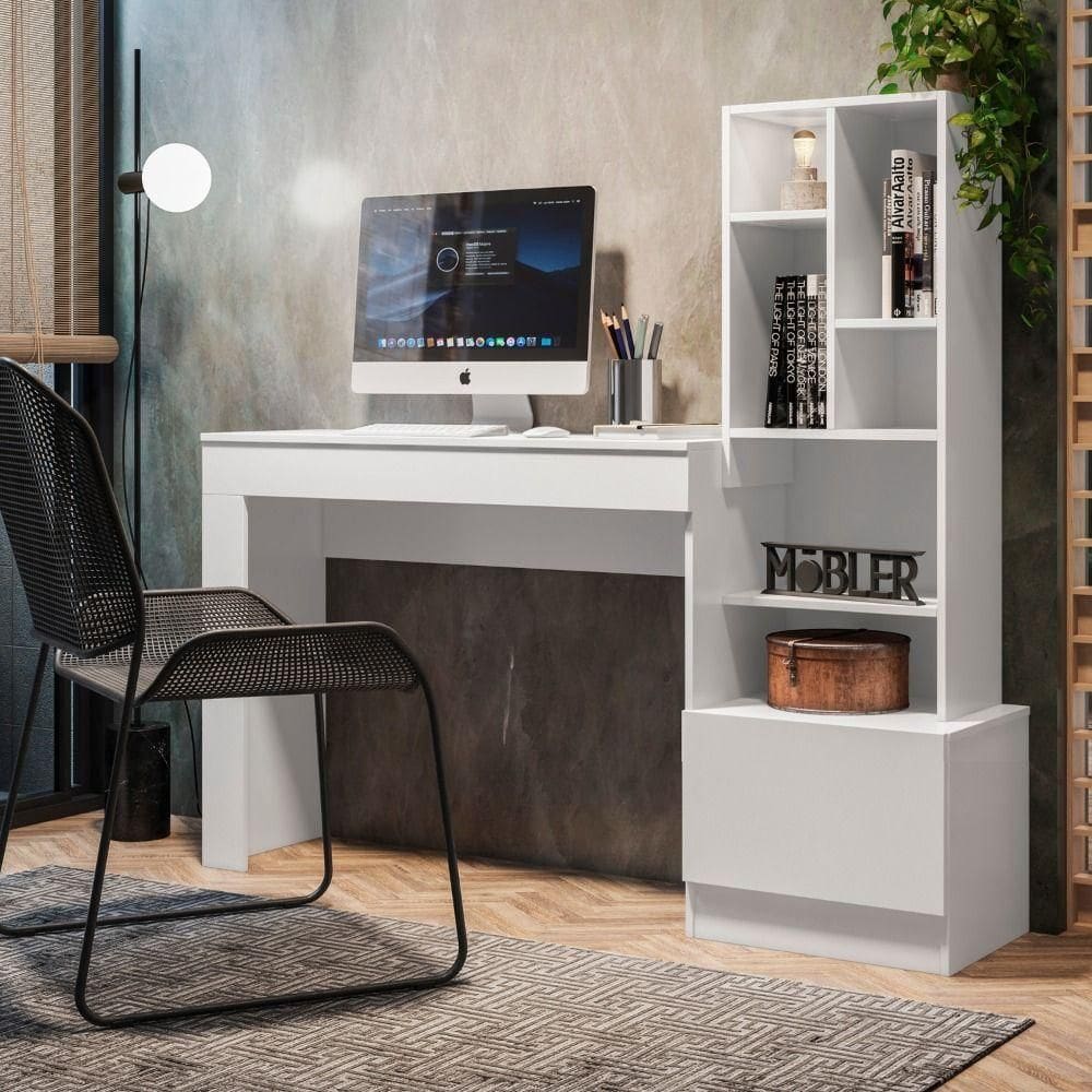 Escrivaninha Office Com Estante Biblioteca Lion Branco Fosco - Mabe Magazine
