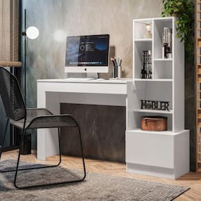 Escrivaninha Office Com Estante Biblioteca Lion Branco Fosco - Mabe Magazine