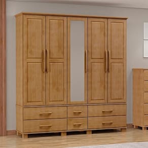 Guarda Roupa 5 Portas 6 Gavetas Espelho Madeira Maciça 208 Cm 2253 Freijo Milani Store