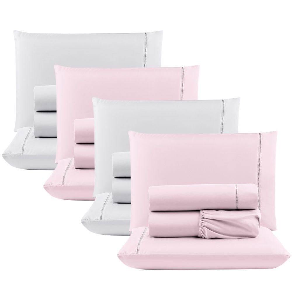 Kit 4 Jogos Cama Lençol Casal 400 Fios 4 Peças Rosa + Branco