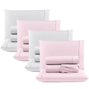 Kit 4 Jogos Cama Lençol Casal 400 Fios 4 Peças Rosa + Branco