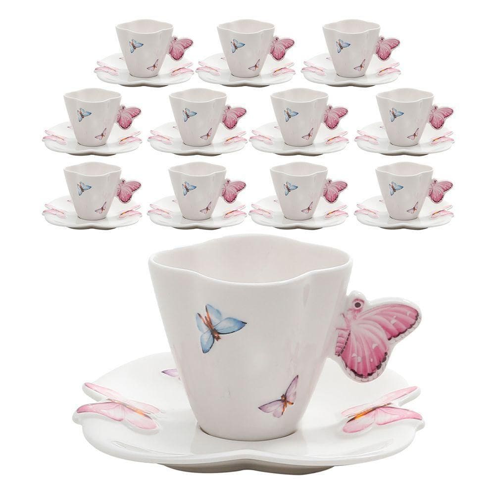 Jogo 12 Xicaras De Chá Porcelana Com Pires Borboletas 200ml Wolff