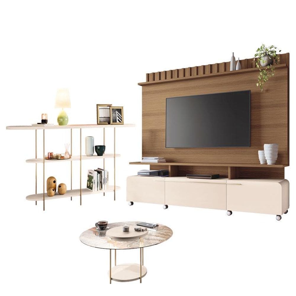 Estante Home Theater Artís Off White Castanho e Aparador Infinity e Mesa de centro Sky com tampo de vidro Off White - HB Móveis
