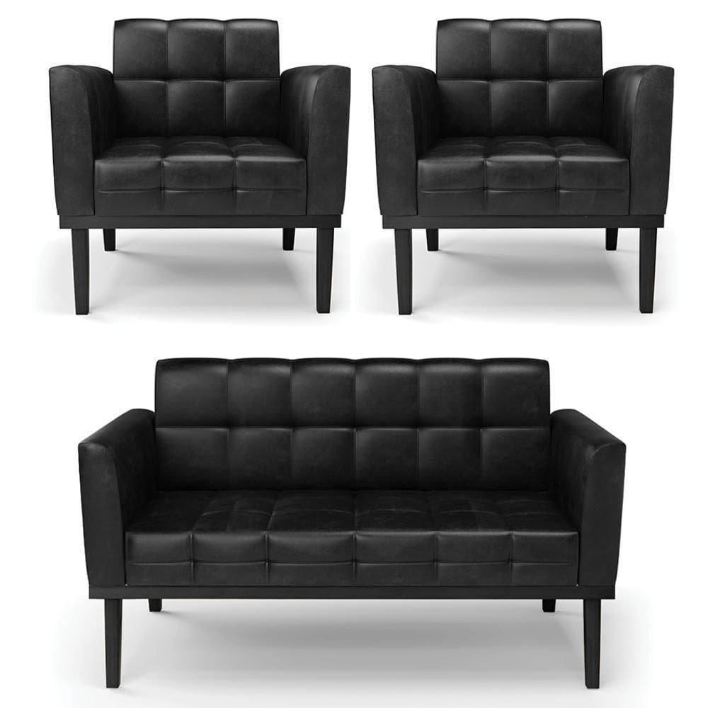 Sofá Namoradeira E 2 Poltronas Base Madeira Preto Ana Sintético Pu Preto - Ibiza