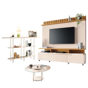 Estante Home Theater Artís Off White Cinamomo e Aparador Infinity e Mesa de centro Sky com tampo de vidro Off White - HB Móveis