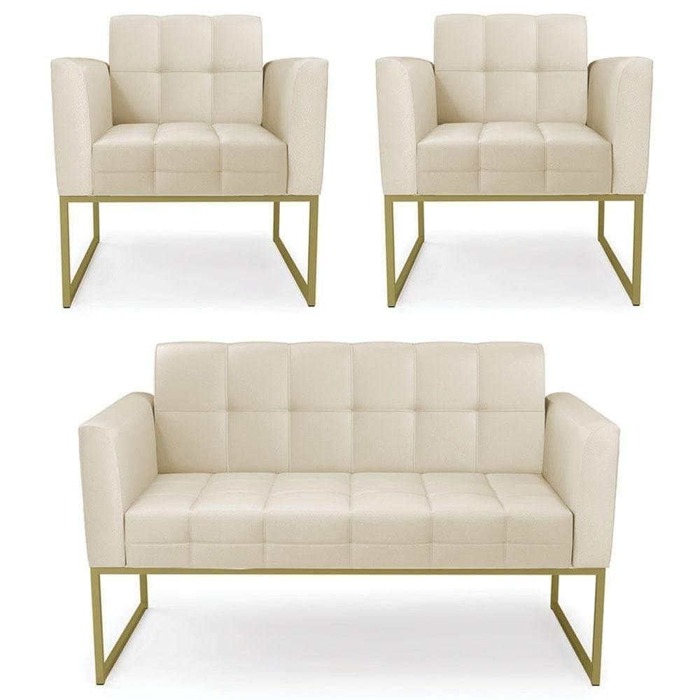 Sofá Namoradeira E 2 Poltronas Base Industrial Dourado Ana Sintético Bege - Ibiza