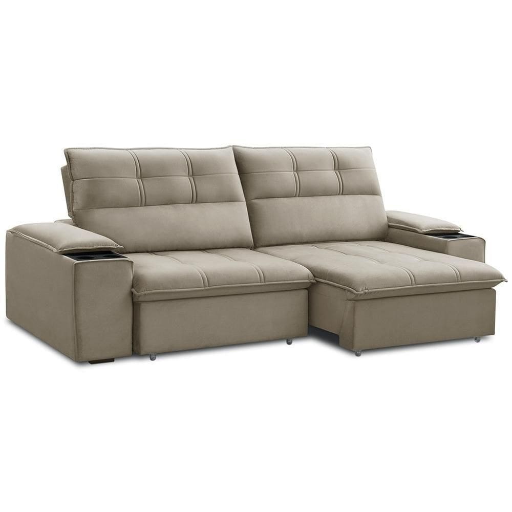 Sofá Retrátil Reclinável 3 Lugares Sala De Estar 205cm Merida F04 Veludo Marrom Claro - Lyam Decor