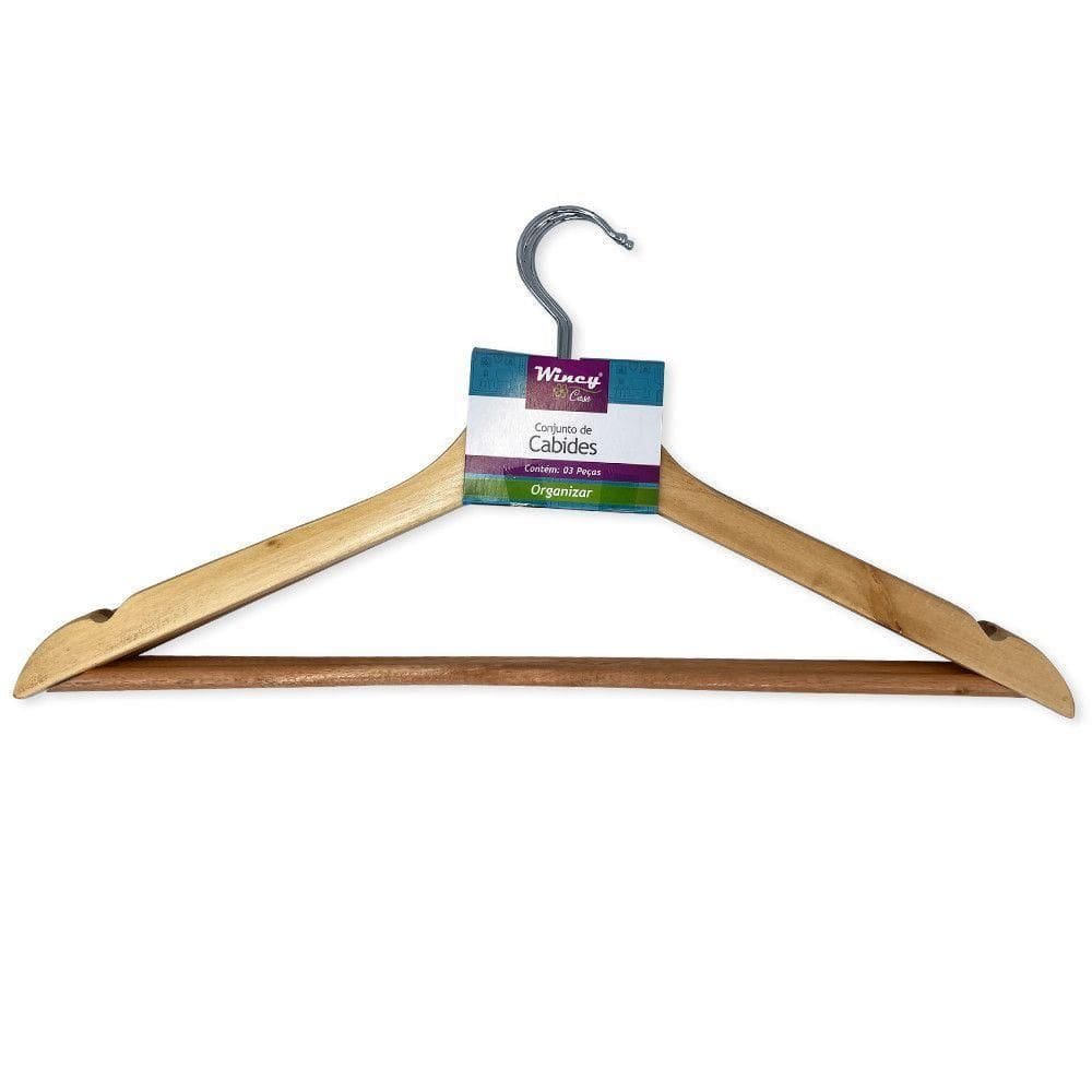 Kit 12 Cabides Madeira Verniz Ganho Cromado Barra Calça
