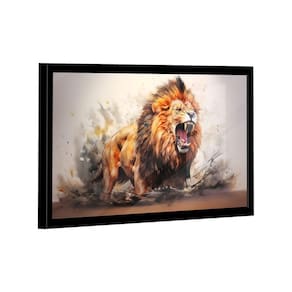 Quadro Decorativo Leão Majestoso Aquarela 118x78 Moldura Preta e Vidro