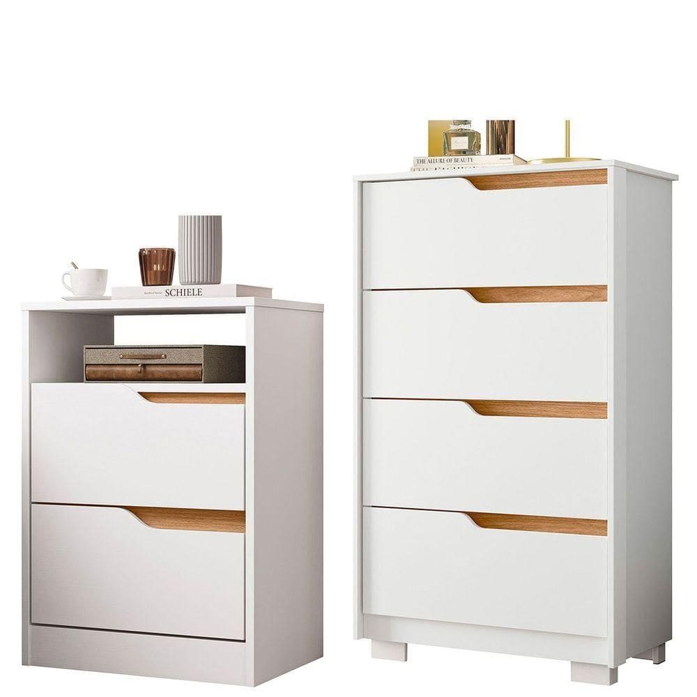 Kit Cômoda 4 Gavetas E Mesa De Cabeceira Sara 2 Gavetas Flex Branco/freijó