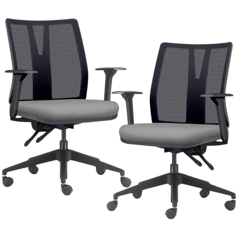 Kit 2 Cadeiras De Escritório Giratória Diretor Flow F02 Base Preta Sintético Cinza - Lyam Decor