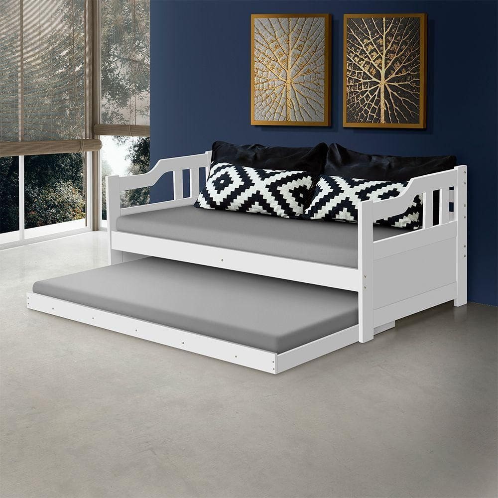 Sofá Cama Com Braços Solteiro Madeira - Branco - Branco