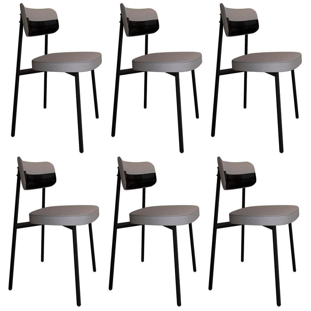 Cadeira De Jantar Estofada Kit 6 Ella M25 Linho Cinza Cl/preto - Mpozenato