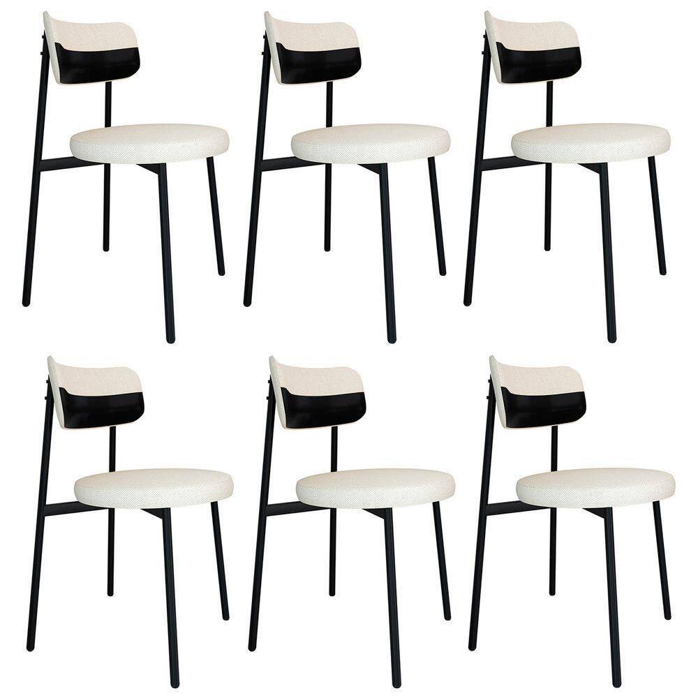 Cadeira De Jantar Estofada Kit 6 Nyka M25 Linho Palha/preto - Mpozenato