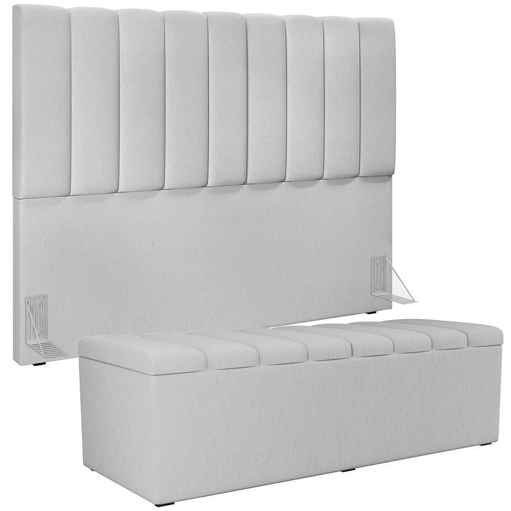 Kit Cabeceira Cama Box Casal King 195cm Com Calçadeira Baú Dália W01 Linho Cinza - Lyam