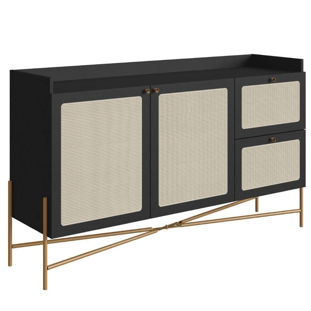 Balcão Buffet 2 Portas Oslo Artesano 139 Cm (largura) Mdp Nero Palha Sintética Bege Pé Metal Dourado