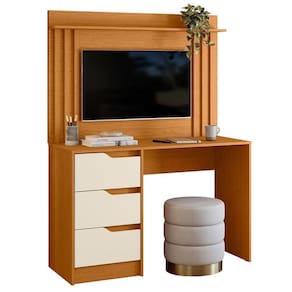 Escrivaninha Com Painel Até 42 Ripada 3 Gavetas Noble Cinamomo/off White