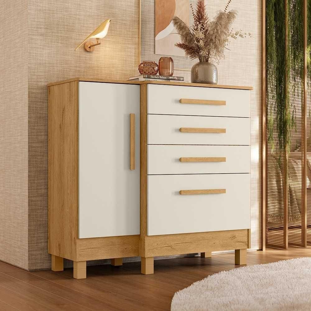 Comoda Sapateira 4 Gavetas Luna Freijo Toque Off White Brilho