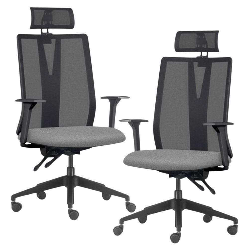 Kit 2 Cadeiras Escritório Giratória Presidente Flow F02 Base Preta Linho Cinza Escuro - Lyam Decor