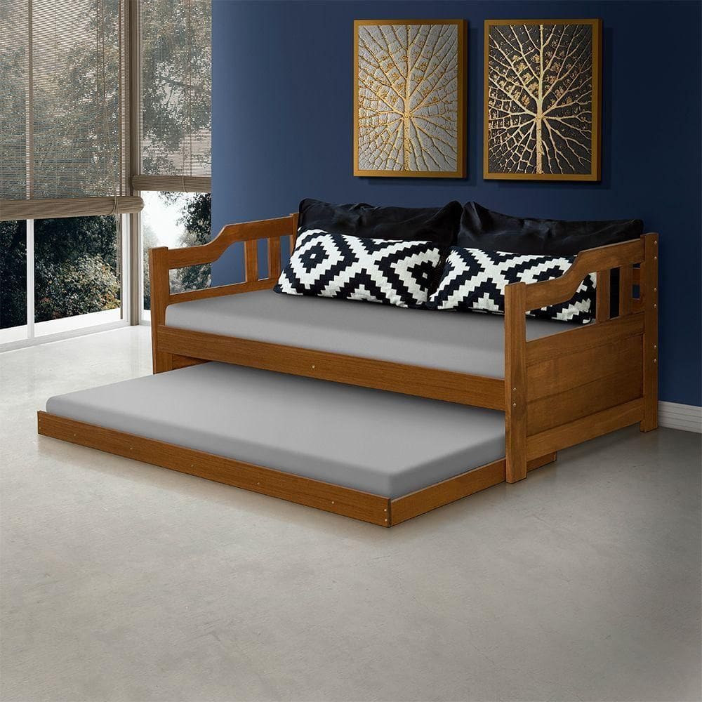 Sofa Cama Solteiro Madeira Com Cama Auxiliar Atraente Castanho - Marrom