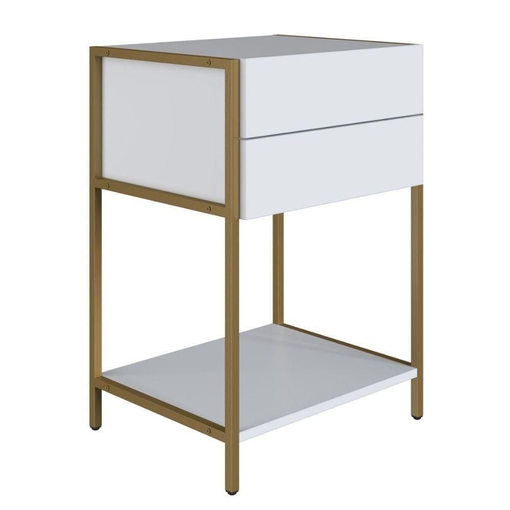 Mesa De Cabeceira Artesano 45 Cm (larg) Mdp Branco Aço Carbono Dourado Com 2 Gavetas E 1 Prateleira