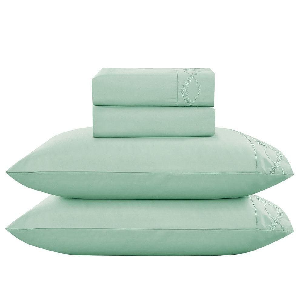 Jogo De Cama Lençol Casal Romantico Percal 300 Fios 4 Peças Verde 100% Poliéster