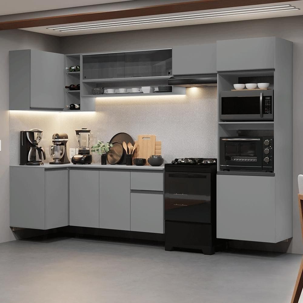 Armário De Cozinha Completa De Canto Suspenso 385cm Nice Madesa 02 Cinza