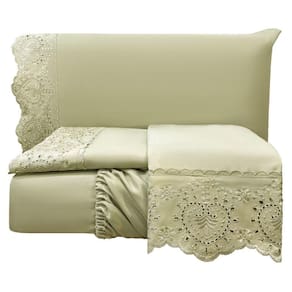 Jogo Cama Lençol Casa Scarpa Detail King Bordado Guipir Bordado Inglês Percal 300 Fios 4 Peças - Cáqui