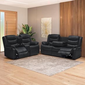 Conjunto De Sofás 2 E 3 Lugares Sala De Estar Reclinável Hollywood Manual Aquecimento Massagem Pu Preto G94 - Gran Belo