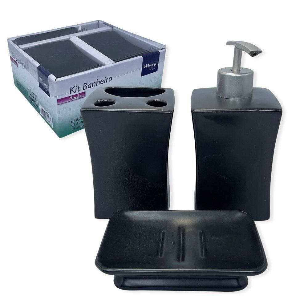 Kit Banheiro Lavabo Porcelana Preto Porta Sabonete Escovas