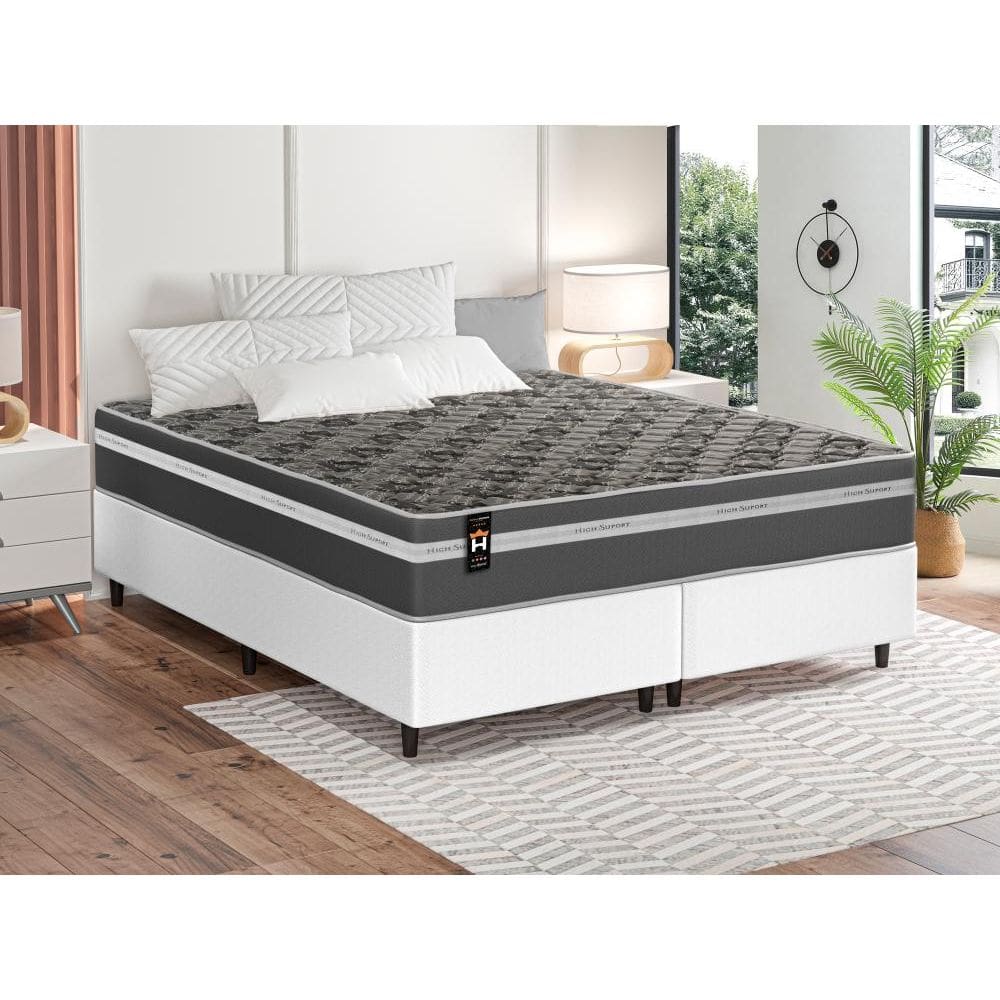 Conjunto Cama Box Espuma Miami Cinza Queen 158x198x62