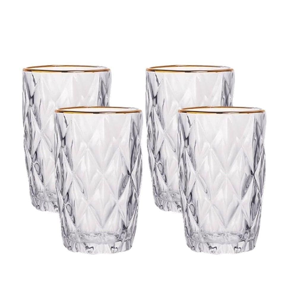 Jogo 4 Copos De Vidro Diamante Diamond Transparente Com Borda Dourada 400ml Em Casa Tem