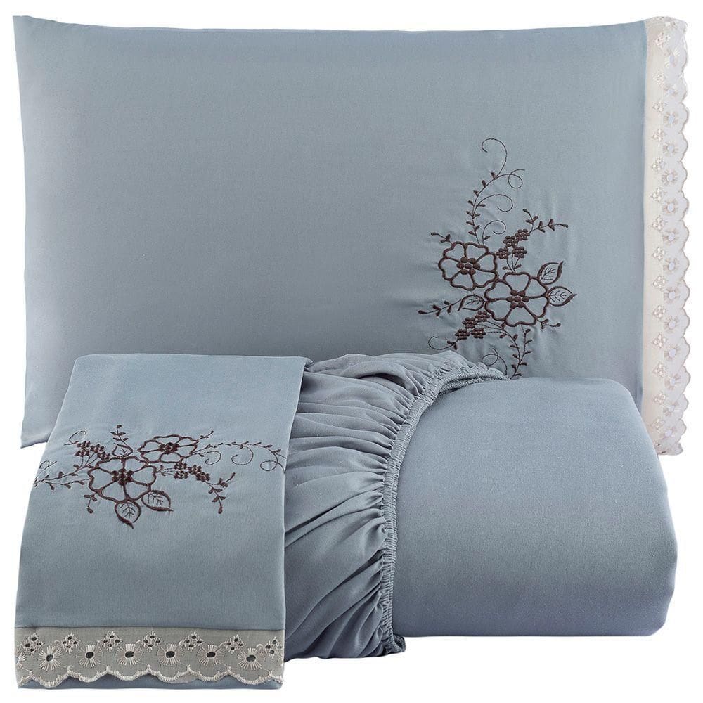 Jogo De Cama Lençol Queen Bordado Advance 3 Peças Cinza 100% Poliéster