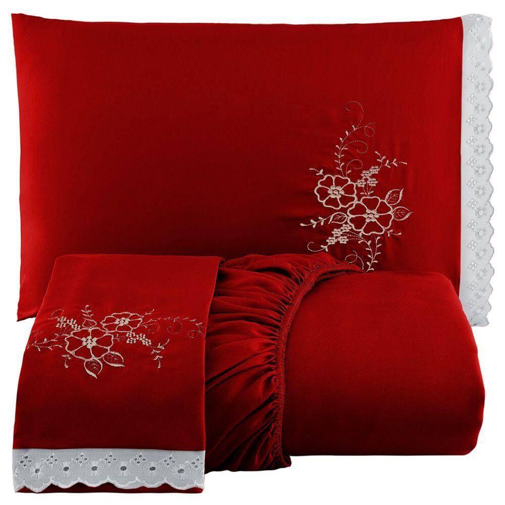 Jogo De Cama Lençol Queen Bordado Advance 3 Peças Vermelho 100% Poliéster