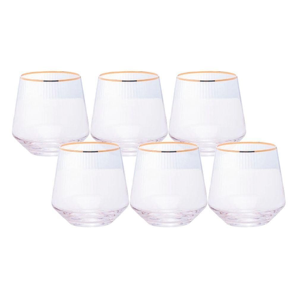 Jogo 6 Copos De Whisky Baixo Drinks Vidro Lines Fio De Ouro Borda Dourada 330ml Wolff