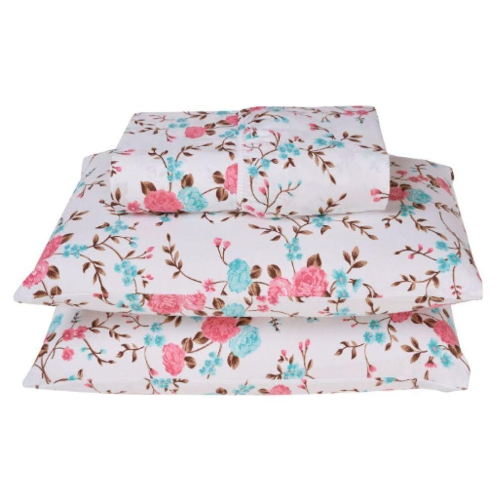 Jogo De Cama Lençol Casal Estandarte Percal 180 Fios 2 Peças Floral Rosê 100% Poliéster
