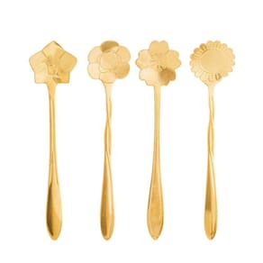 Conjunto 4 Colheres Aço Inox Para Chá E Café Flores Dourado