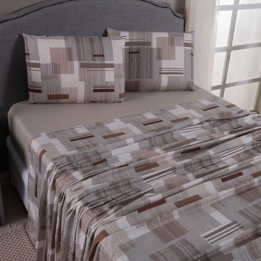 Jogo De Lençol Mabele Queen 4 Peças Micro Percal 400 Fios Estampado - Geométrico Avelã