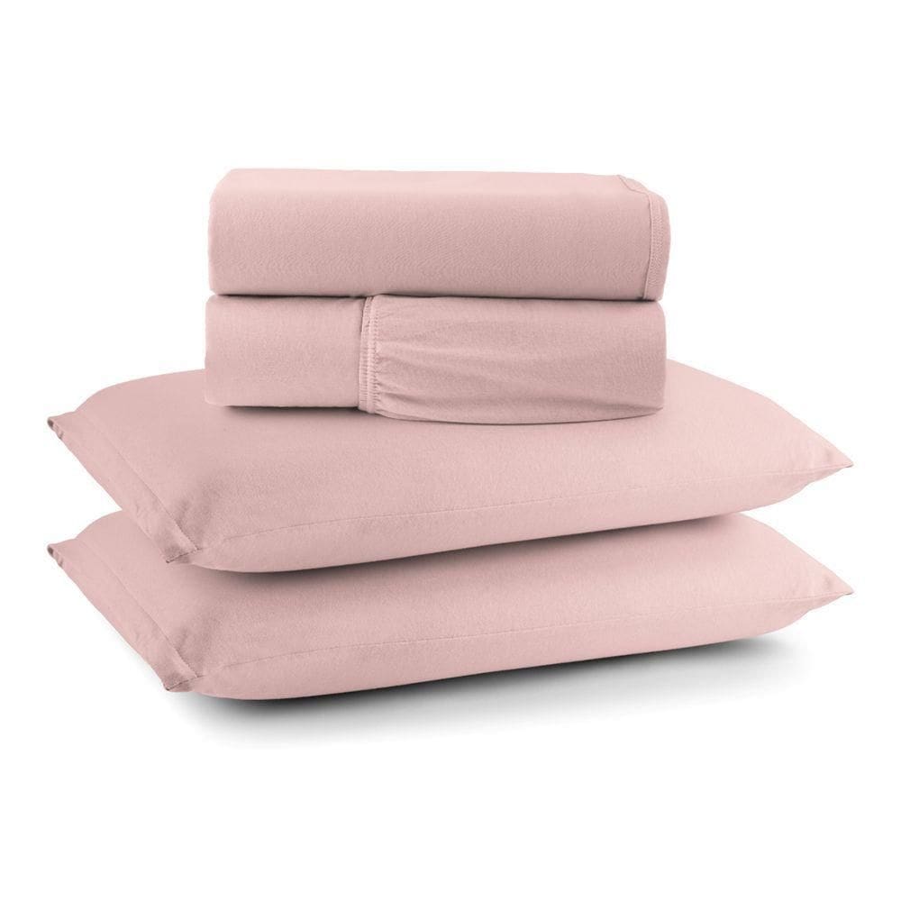 Jogo De Cama Lençol Sereno Queen Em Malha Algodão 4 Peças Rosê 100% Algodão